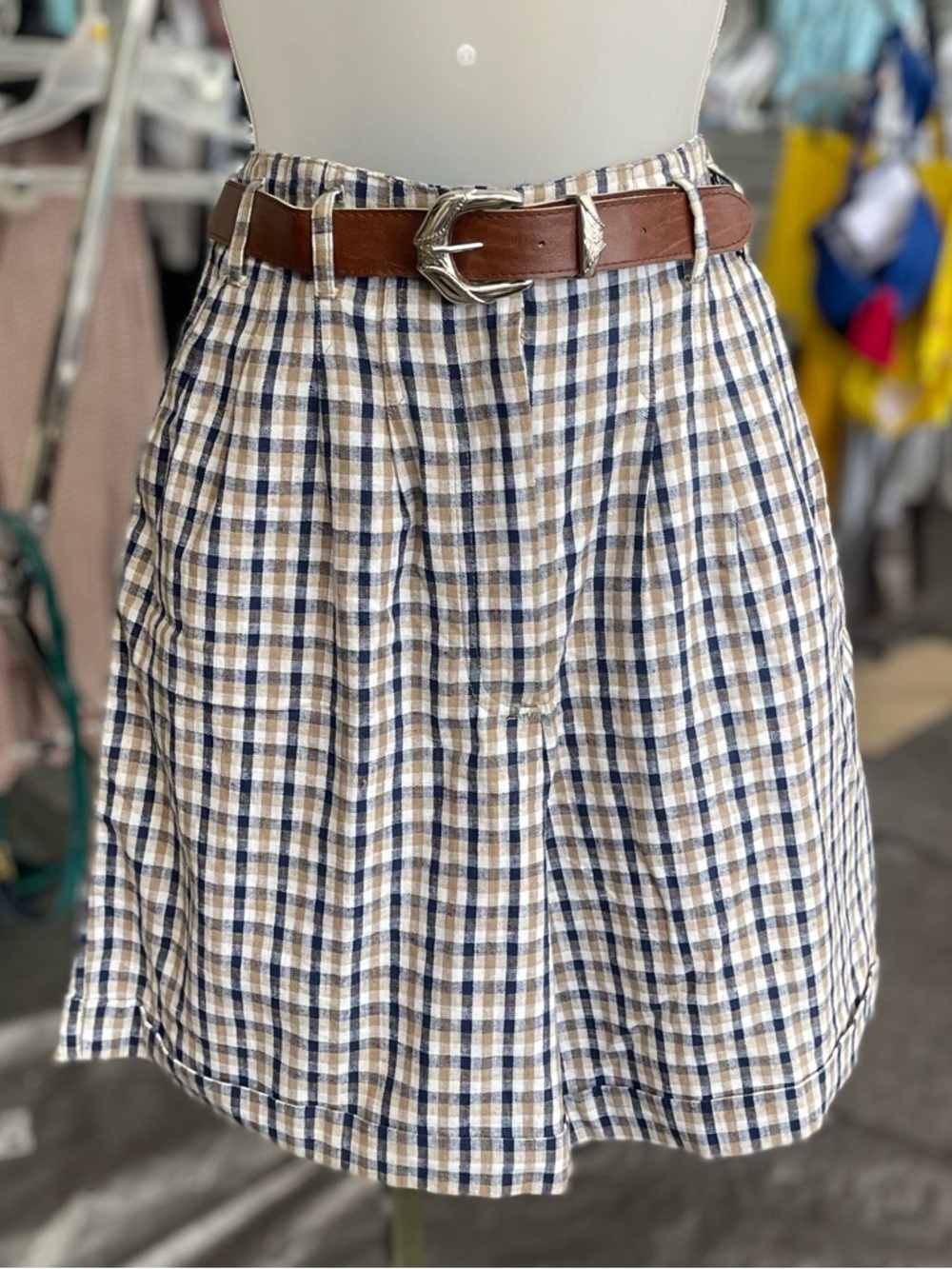 Vintage - NWT Classic Navy and Cream Plaid A-Line Skirt with Brown Belt